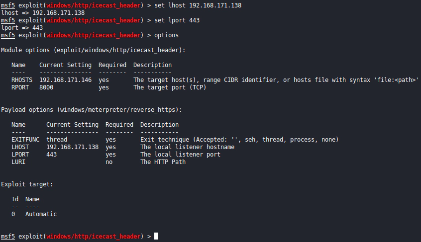 Inserir LHOST e LPORT no metasploit