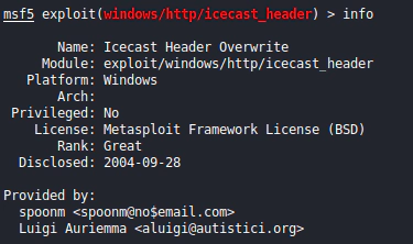 Informações sobre o exploit no metasploit