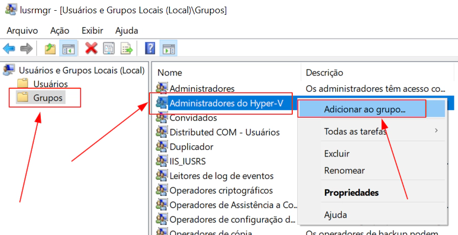 Adicionar usuário ao grupo do Hyper-V