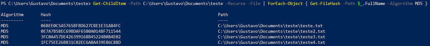 Hash md5 de vários arquivos powershell