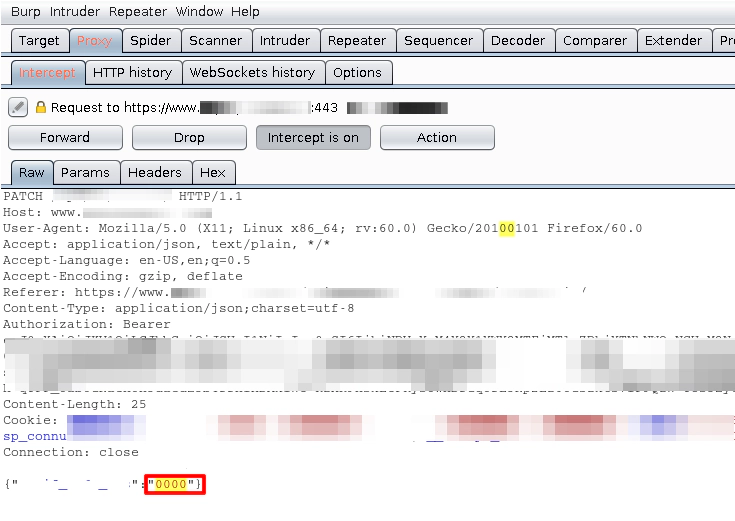 Request intercepted by burp