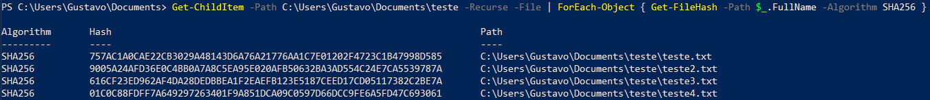 Hash SHA256 de vários arquivos powershell