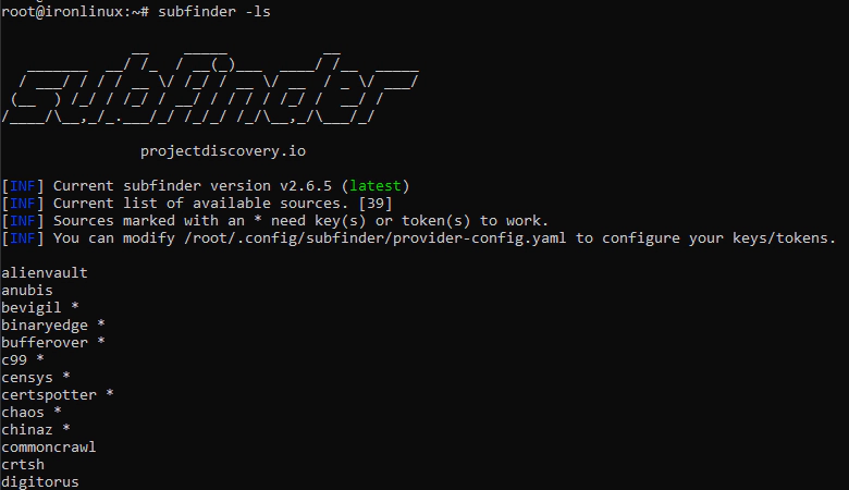 Subfinder listar sources