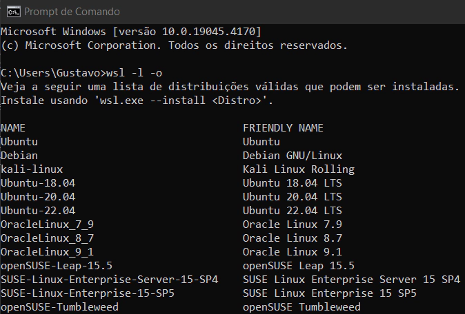 Listar sistemas Linux disponíveis no WSL